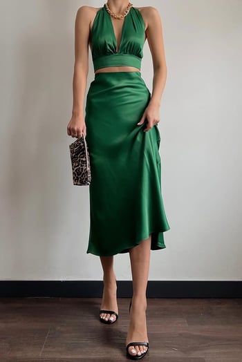 Green Basic Satin Long Skirt MG1409