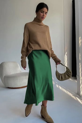 Green Basic Satin Long Skirt MG1409