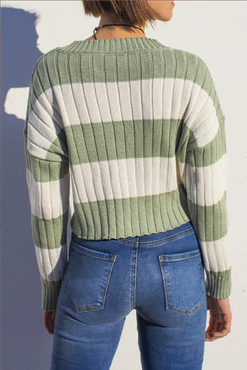 Yeşil V Yaka Çizgili Crop Kadın Kazak MG1441