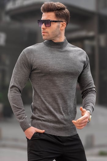 Madmext Antrasit Slim Fit Yarım Balıkçı Yaka Erkek Triko Kazak 6343