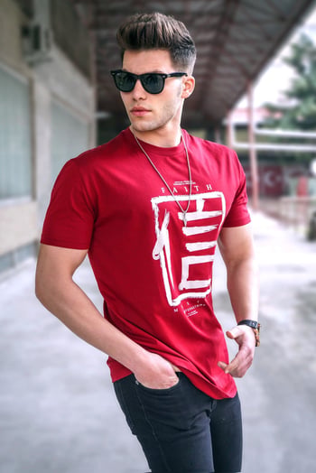 Madmext Baskılı Bordo Oversize T-Shirt 5390