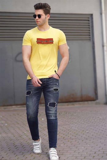 Madmext Yellow Printed T-shirt for Men 4589