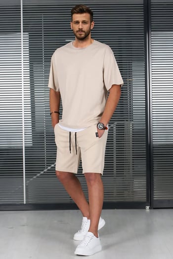 Madmext Bej Oversize Erkek Şort Takımı 5668