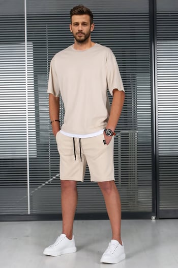 Madmext Bej Oversize Erkek Şort Takımı 5668