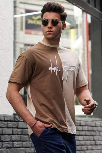 Madmext Beige Printed T-shirt for Men 5237