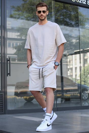 Madmext Bej Oversize Erkek Şort Takımı 5668