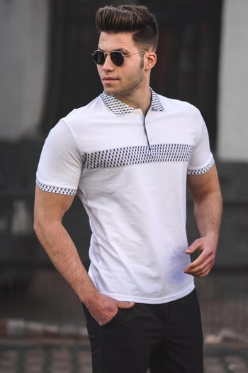Madmext Beyaz Desenli Polo Yaka Erkek Tişört 3058-7