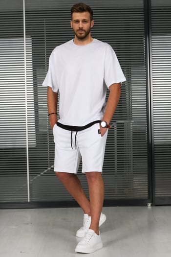 Madmext Beyaz Oversize  Erkek Şort Takımı 5668