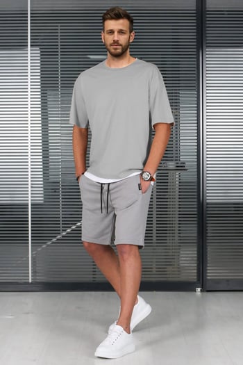 Madmext Boyalı Gri Oversize Erkek Şort Takımı 5668