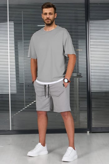 Madmext Boyalı Gri Oversize Erkek Şort Takımı 5668