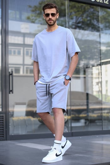 Madmext Boyalı Gri Oversize Erkek Şort Takımı 5668