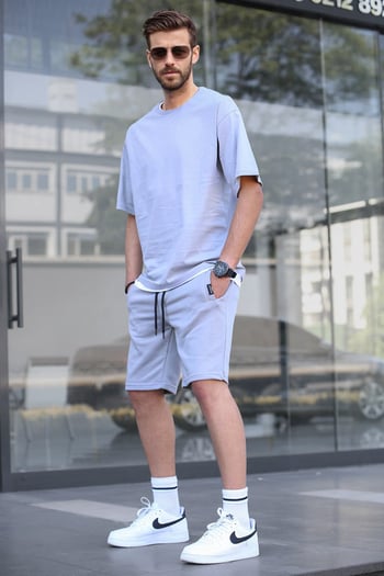 Madmext Boyalı Gri Oversize Erkek Şort Takımı 5668