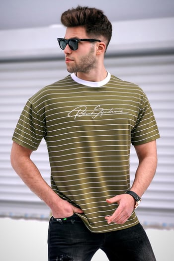 Madmext Men Striped Khaki T-shirt 5801