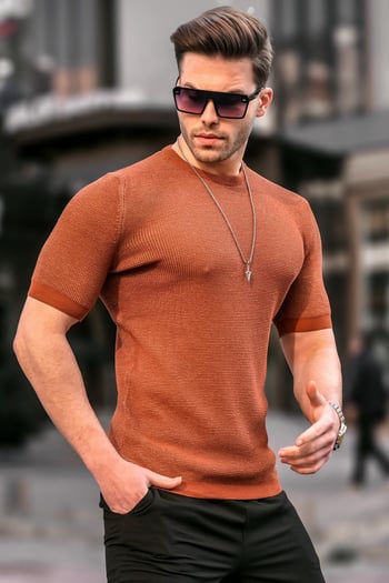 Madmext Men Knitted Tile Brown T-shirt 5076