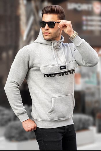 Madmext Gray Kangaroo Pocket Hooded Sweatshirt 4729