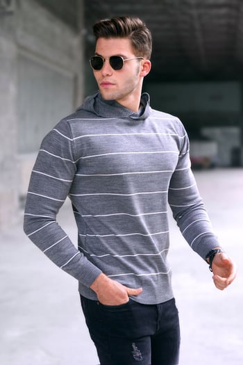 Madmext Gri Kapüşonlu Erkek Kazak 5623