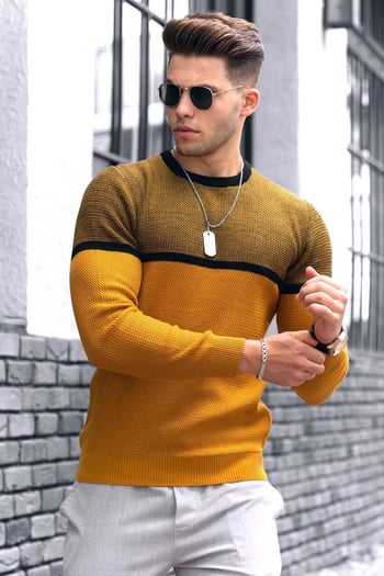 Madmext Hardal Renk Bloklu Erkek Kazak 4734