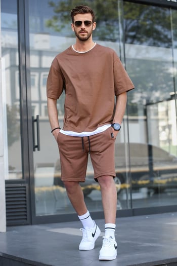 Madmext Men Brown T-shirt Shorts Set 5668