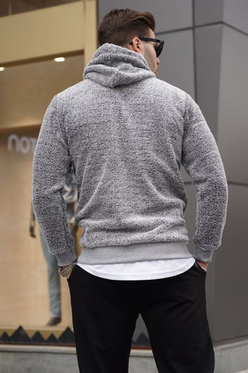 Madmext Kapşonlu Peluş Sweatshirt Gri 4390
