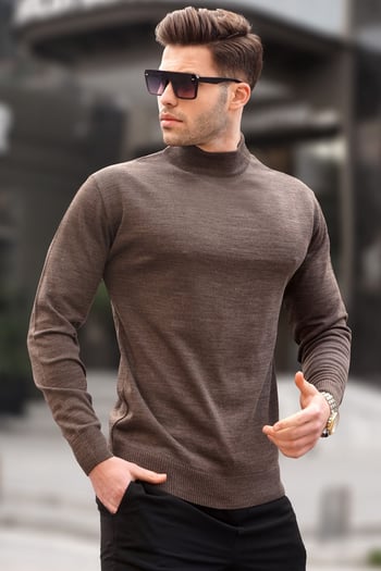 Madmext Kırçıllı Kahverengi Slim Fit Yarım Balıkçı Yaka Erkek Triko Kazak 6343