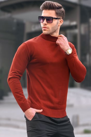 Madmext Kiremit Slim Fit Yarım Balıkçı Yaka Erkek Triko Kazak 6343