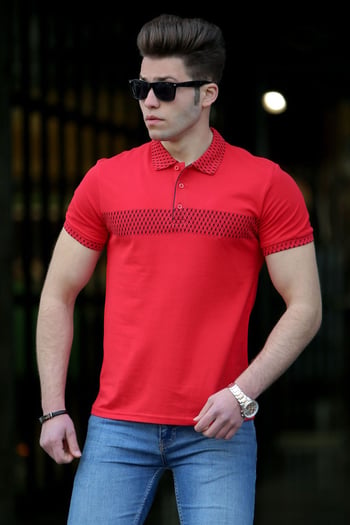 Madmext Kırmızı Desenli Polo Yaka Erkek Tişört 3058-1