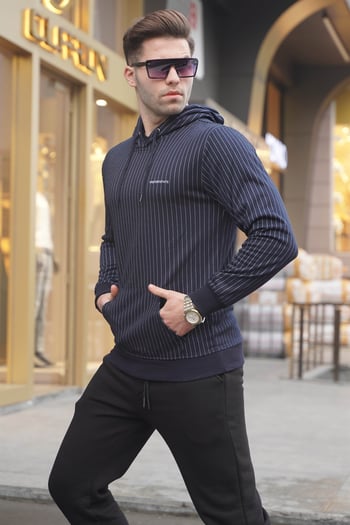 Madmext Lacivert Çizgili Kapüşonlu Erkek Sweatshirt 4692