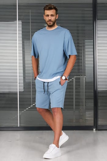 Madmext Mavi Oversize Erkek Şort Takımı 5668