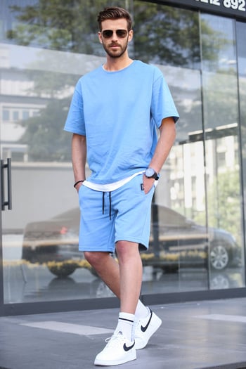 Madmext Mavi Oversize Erkek Şort Takımı 5668