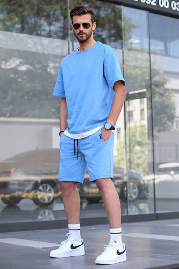 Madmext Mavi Oversize Erkek Şort Takımı 5668