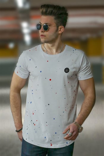 Madmext Püskürtme Desen Beyaz Erkek Tişört 4505