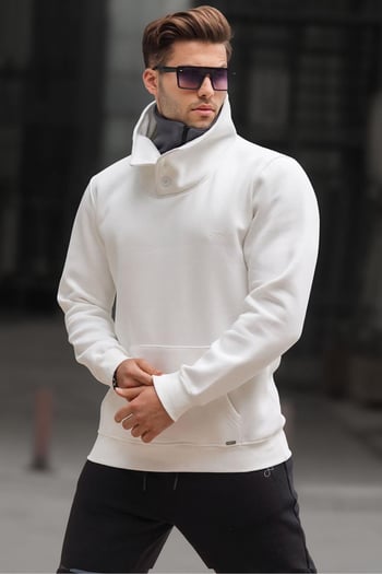 Madmext Triko Yaka Düğmeli Beyaz Sweatshirt 4411
