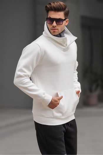 Madmext Triko Yaka Düğmeli Beyaz Sweatshirt 4411