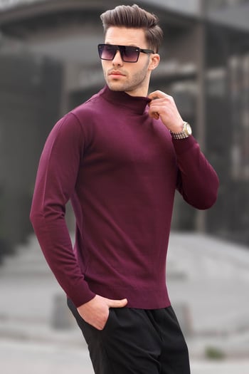 Madmext Vişne Çürüğü Slim Fit Yarım Balıkçı Yaka Erkek Triko Kazak 6343