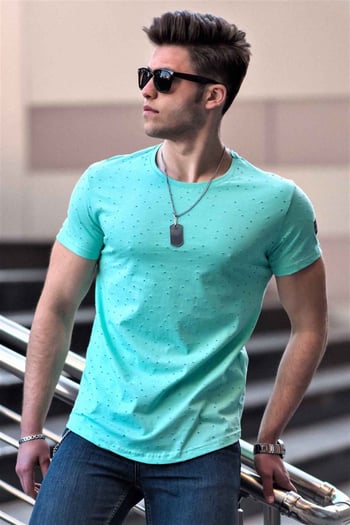 Madmext Men Ripped Turquoise T-shirt 2883