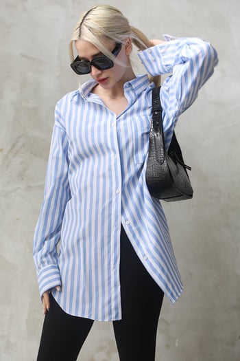 Mavi Çizgili Oversize Kadın Gömlek MG1688