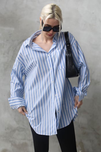 Mavi Çizgili Oversize Kadın Gömlek MG1688