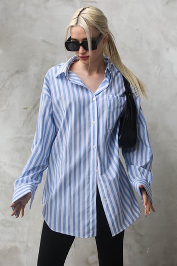 Mavi Çizgili Oversize Kadın Gömlek MG1688