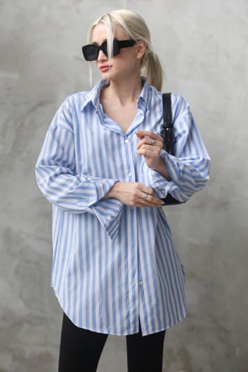 Mavi Çizgili Oversize Kadın Gömlek MG1688