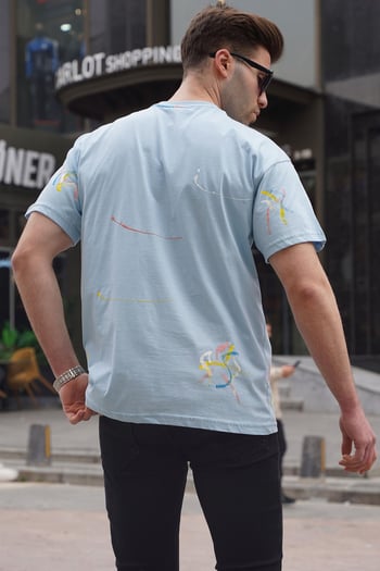 Mavi Desenli Overfit Erkek Tişört 6122