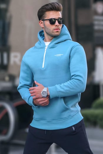Mavi Fermuarlı Kapüşonlu Sweatshirt 6143