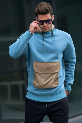 Mavi Kanguru Cep Kapüşonlu Erkek sweatshirt 6138