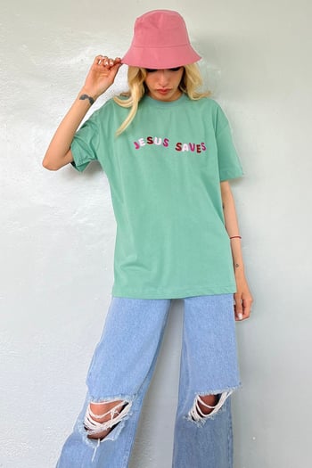 Mint Yeşili  Baskılı Oversize Tişört MG1517