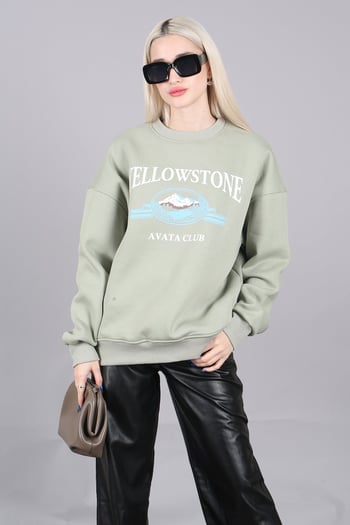Mint Yeşili Bisiklet Yaka Baskılı Sweatshirt MG1571