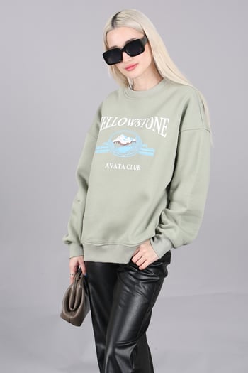 Mint Yeşili Bisiklet Yaka Baskılı Sweatshirt MG1571