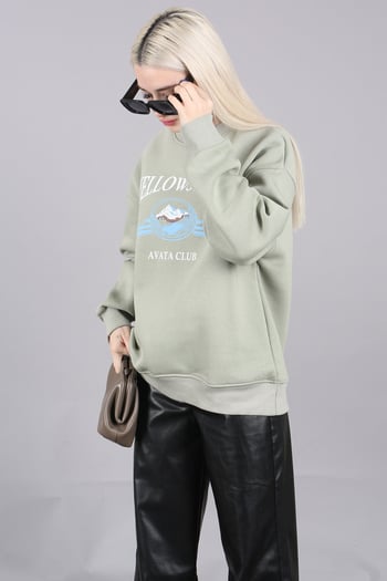 Mint Yeşili Bisiklet Yaka Baskılı Sweatshirt MG1571