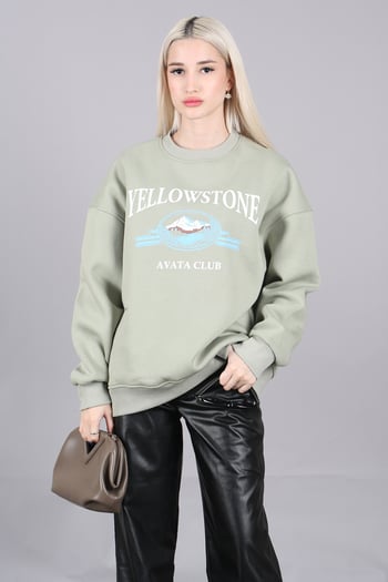 Mint Yeşili Bisiklet Yaka Baskılı Sweatshirt MG1571