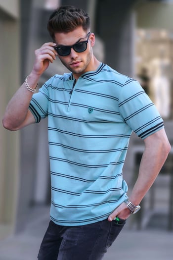 Men Striped Mint Green Polo T-Shirt 5874