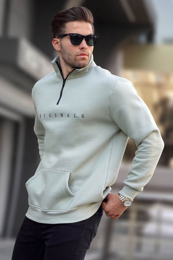 Mint Green Embroided Zip Neck Sweatshirt 6028