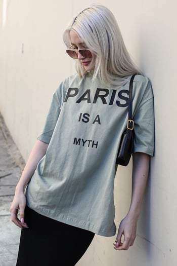 Mint Yeşili Paris Baskılı Kadın Tişört MG1654